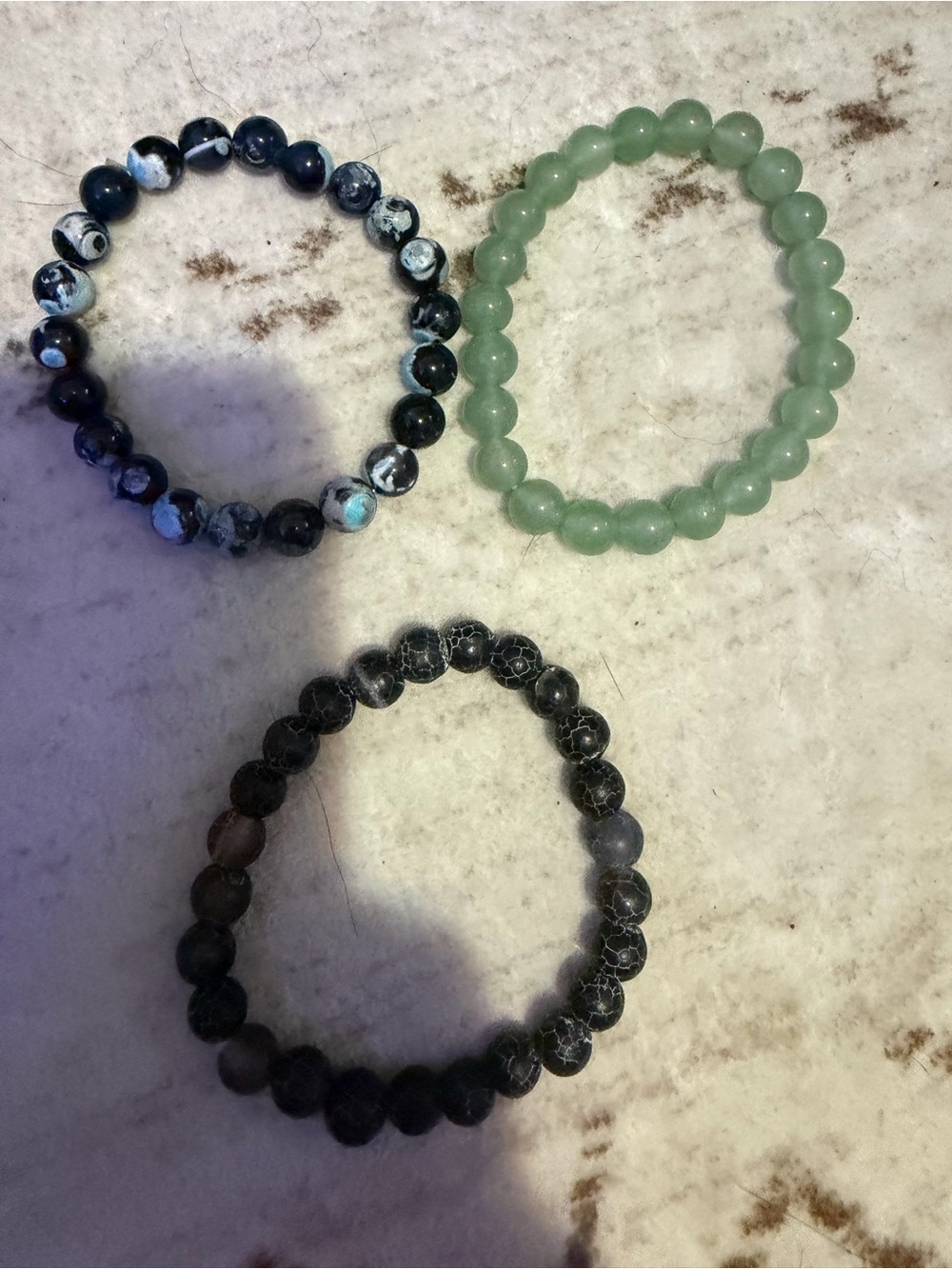 Stretch Bead Bracelet Set - Green, Black, and Marbled Blue